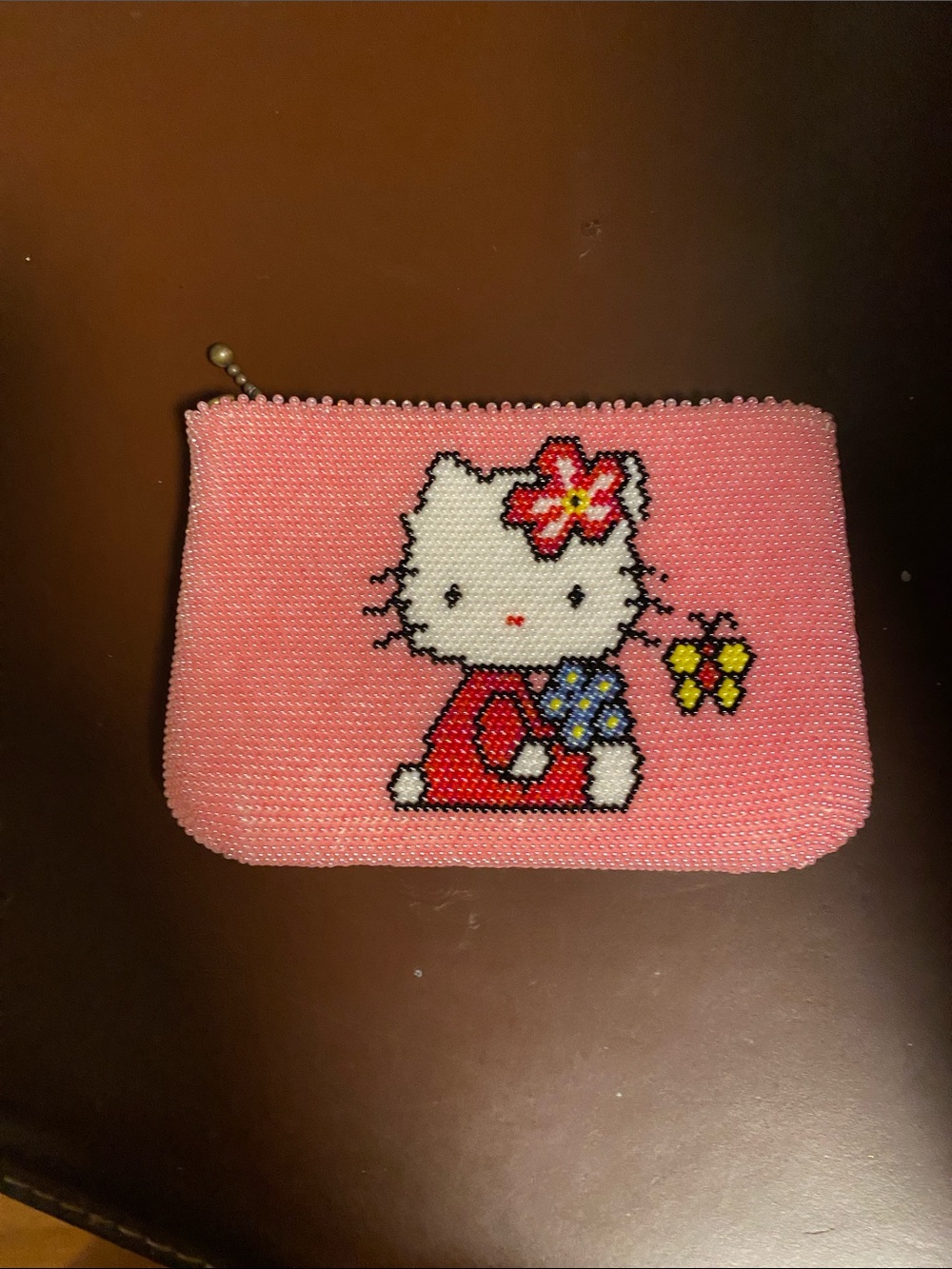 Hello Kitty Pink Beaded Coin Purse with Red, White, Yellow, Blue Accents